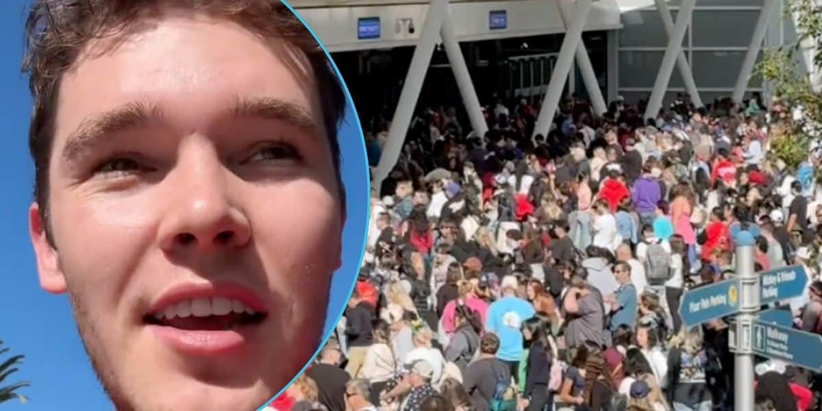 Left: A man talking into his phone camera in front of a blue sky. Right: Long lines at Disneyland Resort security.