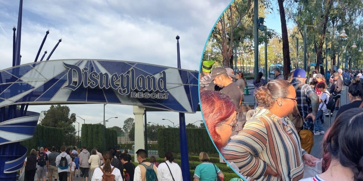 Left: The entrance to Disneyland Resort. Right: Guests wait for a shuttle to Disneyland Resort's Toy Story Parking Area.