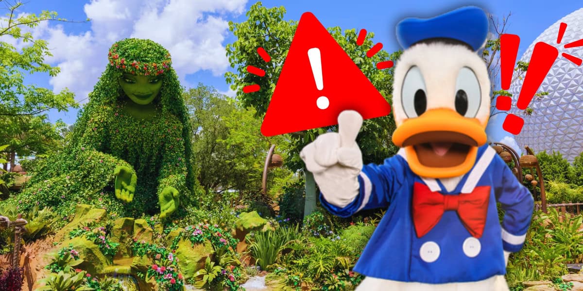 A lush garden features a large plant sculpture resembling a woman with foliage hair. In the foreground, a character dressed in a sailor outfit with a red bow tie gestures excitedly, perhaps hinting at magical adventures akin to Disney World's pixie dust. A red warning triangle with an exclamation mark is overlaid.