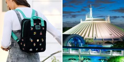 A person wearing a black Loungefly backpack with colorful patches, including a Mickey Mouse design, stands in front of a futuristic white structure with pointed spires, illuminated against the night sky—a perfect Disney Parks moment.