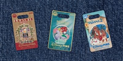 Three limited release Disney pins on a denim background: "Festival of Holidays 2024" with festive elements, "The Little Mermaid 2024" featuring Ariel and Sebastian, and "Moana 2" showcasing Moana with Pua and Hei Hei. Perfect for collectors seeking unique treasures.