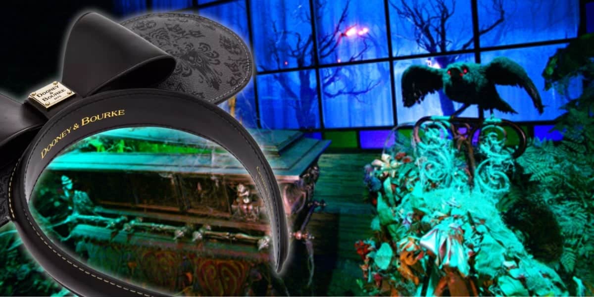 A spooky scene unfolds in a dark, ominous room reminiscent of the Haunted Mansion, featuring a vulture on a branch and intricate decor. In the foreground, a black Minnie Ear Headband with a bow is displayed. Blue lighting adds an eerie atmosphere to this Walt Disney World-inspired setting.