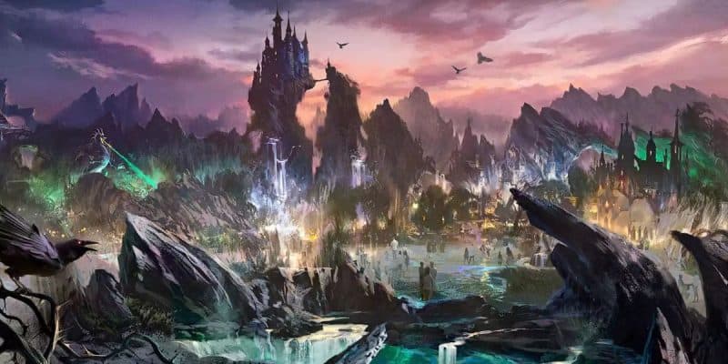 A fantastical landscape with a castle on a rocky cliff, reminiscent of Disney's Magic Kingdom, surrounded by jagged mountains and waterfalls. The sky is a mix of pink and purple hues, as mysterious glowing lights illuminate the scene, while birds fly overhead.