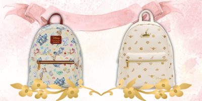 Two Disney-themed mini backpacks are displayed against a pink, watercolor background. The left backpack features colorful character icons, while the right backpack has a cream color with a gold crown and small pattern details. Both backpacks have gold zippers.