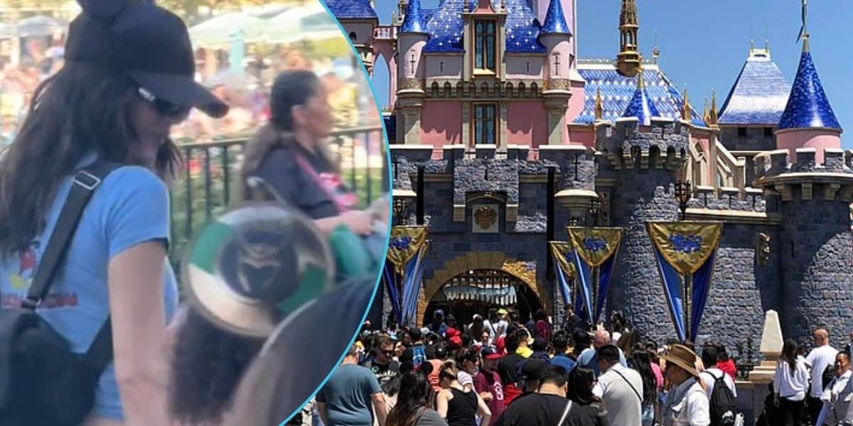 A busy scene at Disneyland with a crowd gathered in front of a colorful castle. On the left is a photo of Kylie Jenner with some of the Kardashians kids at Disneyland.