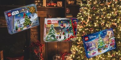 A cozy living room with a decorated Christmas tree on the right and festive decorations in the background. Three LEGO Advent Calendars—Star Wars, Marvel, and Disney-themed—float to the left, evoking holiday magic as if straight from a winter fairy tale.