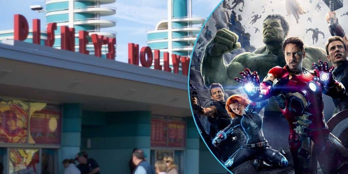 The entrance of Disney's Hollywood Studios pictured next to an image of the Avengers.