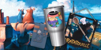 A whimsical arrangement of Ratatouille merchandise awaits Disney fans, featuring stylish accessories like a travel mug with a chef-hatted rat, a phone case adorned with a rat design, and a decorative sign showcasing a black silhouette of a rat wielding a wooden spoon against a rooftop backdrop.