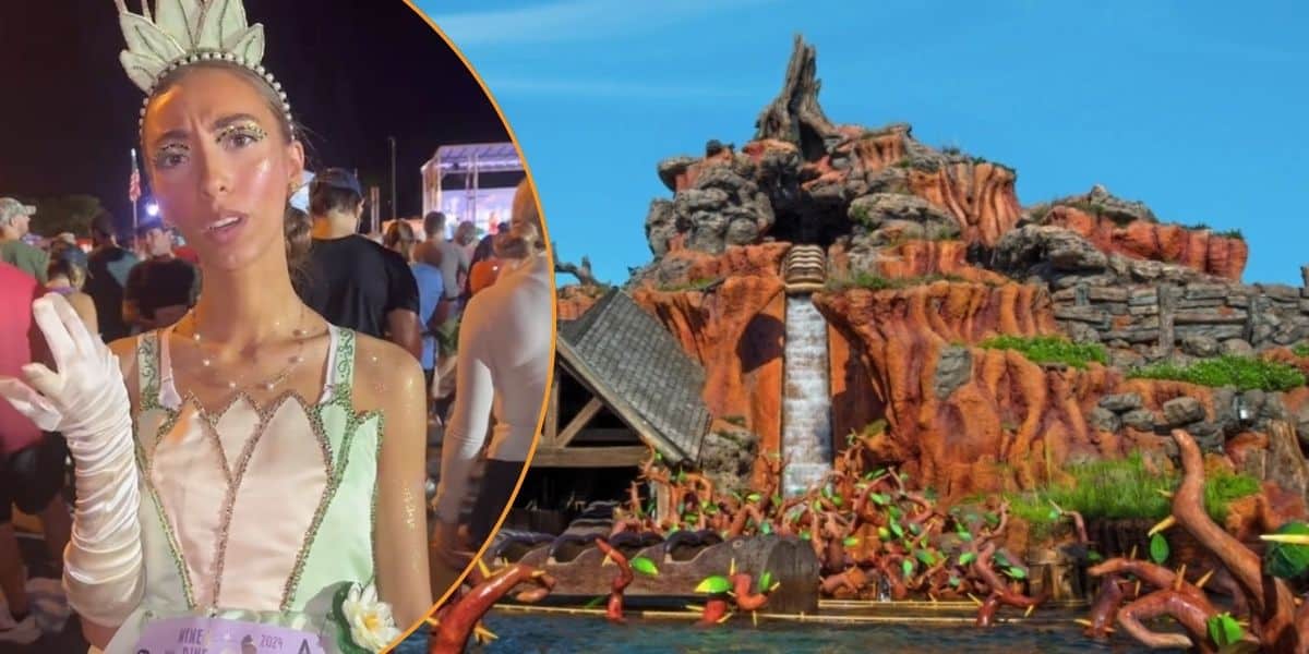 Left: A person dressed as Princess Tiana during a runDisney race. Right: Splash Mountain at Magic Kingdom before it closed.