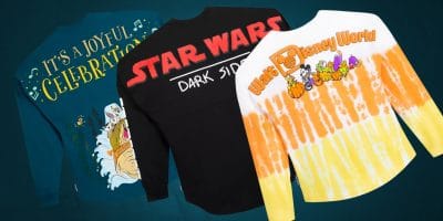 Three long-sleeve shirts are displayed. The first features Disney characters celebrating, the second is a Star Wars-themed "Dark Side" shirt, and the third is a Walt Disney World Halloween design with pumpkins and vibrant orange tie-dye. Discover these magical deals on Disney Spirit Jerseys today!