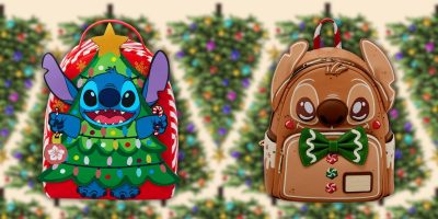 Two festive mini backpacks are displayed. The left features a character in a Christmas tree outfit, while the right showcases a gingerbread-themed bag with a green bow. Both are adorned with holiday designs and decorations in the background, perfect for spreading seasonal cheer.