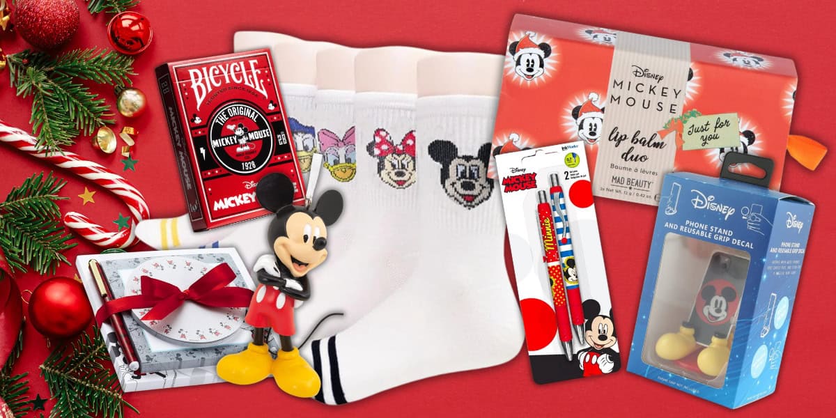 Discover the magic of Mickey Mouse with this delightful collection perfect for adult fans. From socks and playing cards to lip balm and an iPhone case, these affordable stocking stuffers, set against a festive red backdrop with a pine branch and ribbon, make any occasion special.