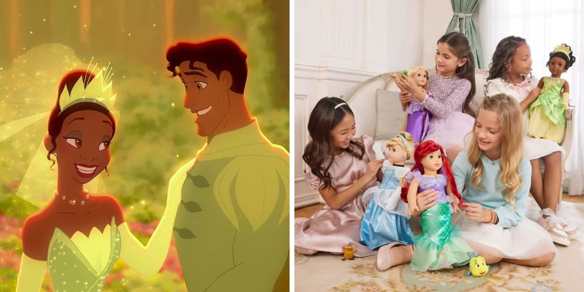 Left side: Animated couple in a forest setting, reminiscent of "The Princess and the Frog," with the woman wearing a green dress and tiara, the man in a suit. Right side: Four young girls sitting indoors, playing with American Girl Tiana dolls dressed as princesses.