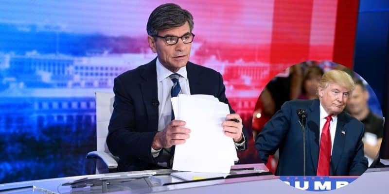 A man in a suit and glasses holds papers in a vibrant Disney/ABC studio set. An inset image features another man with blond hair, wearing a suit and red tie, speaking into a microphone, reminiscent of Donald Trump addressing the media amidst defamation lawsuit whispers.