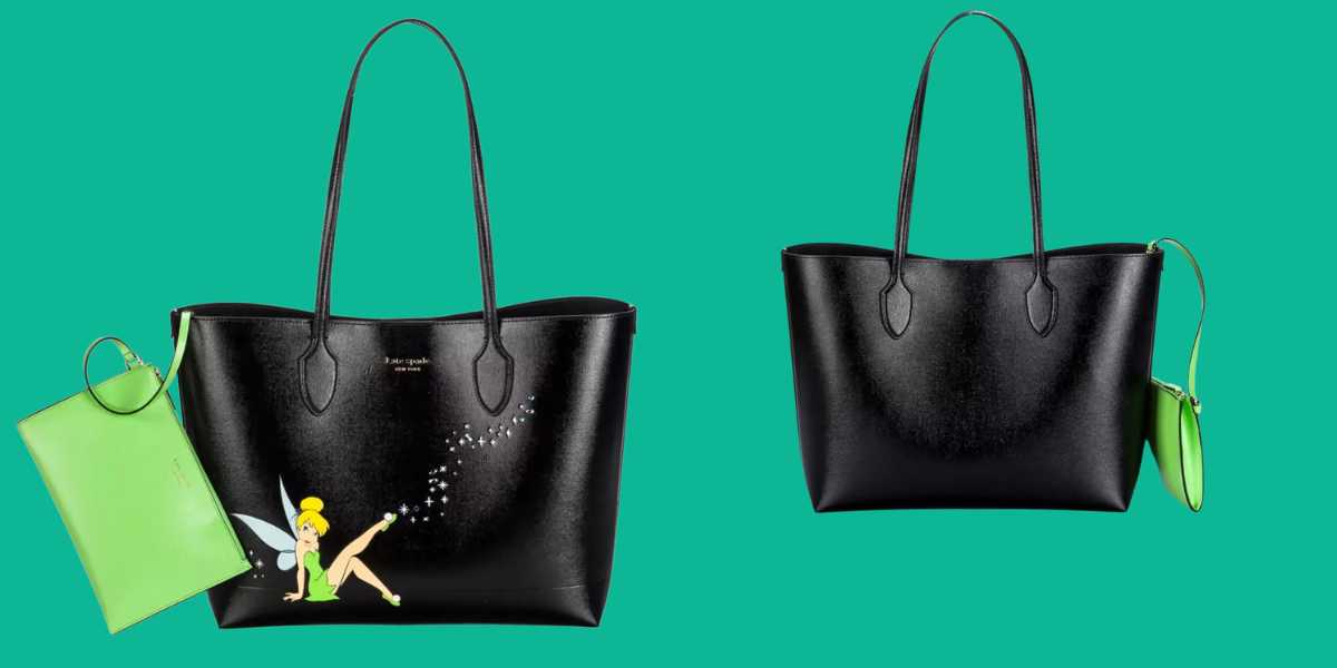 Two chic Kate Spade handbags with long handles rest on a green background. The enchanting Tinker Bell Tote Bag, adorned with Pixie Dust sparkles and a small green pouch.