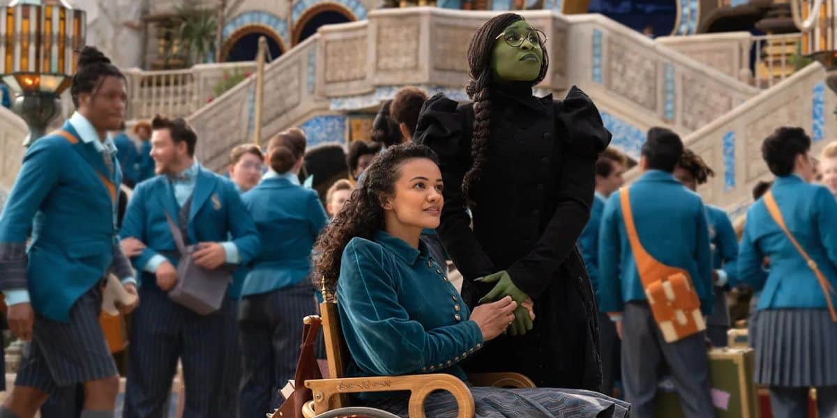 Cynthia Erivo as Elphaba and Marissa Bode as Nessarose in Wicked