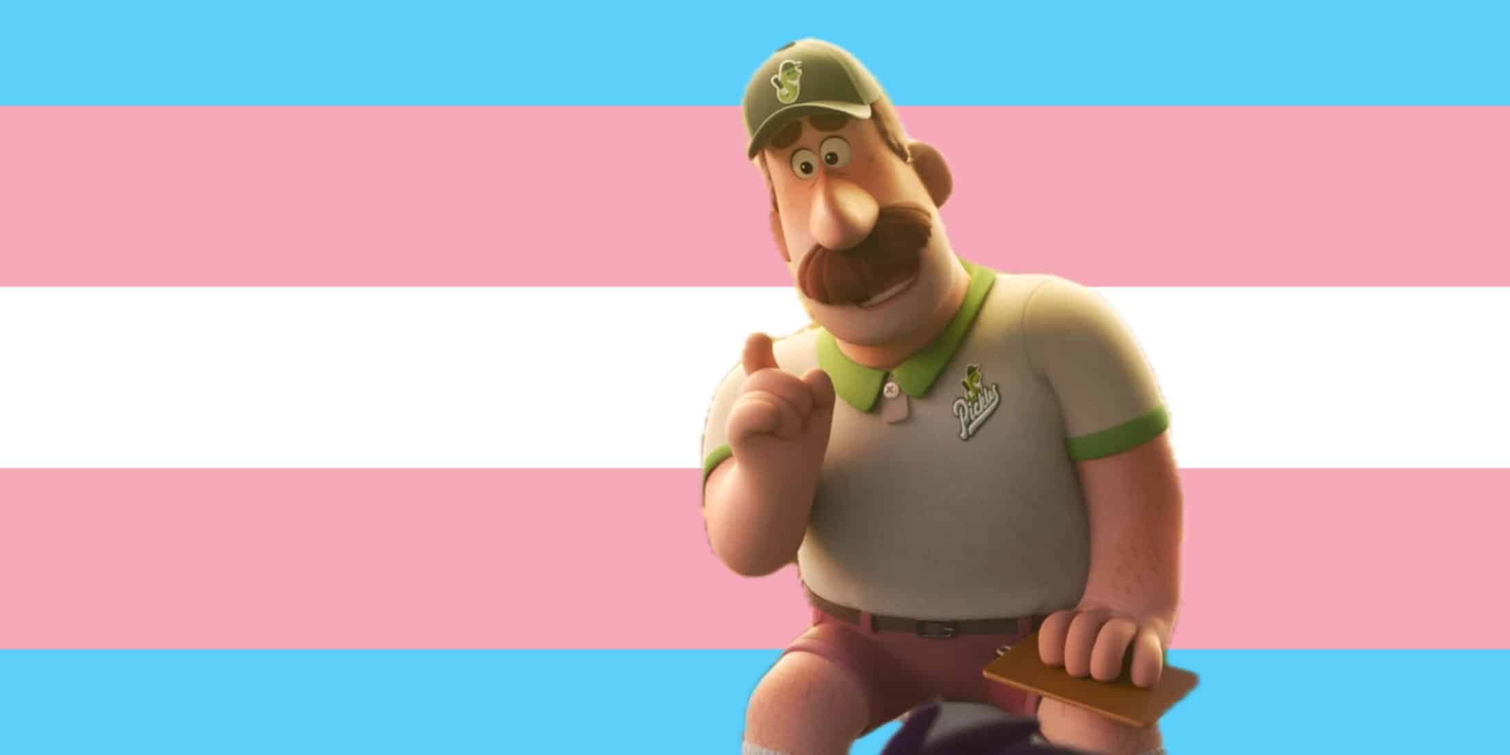 A cartoon character with a mustache, reminiscent of Disney Pixar style, wears a baseball cap and uniform, holding a clipboard while standing against a transgender pride flag background.