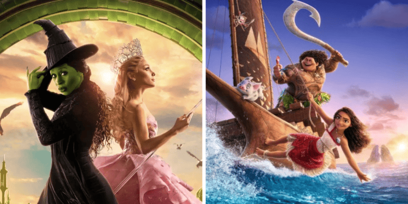 On the left, two women from a fantasy scene: one in black with a wicked hat, the other in a pink dress with a crown. On the right, reminiscent of Moana 2, a girl and a man stand on a wooden boat with a pig and rooster under a clear sky.