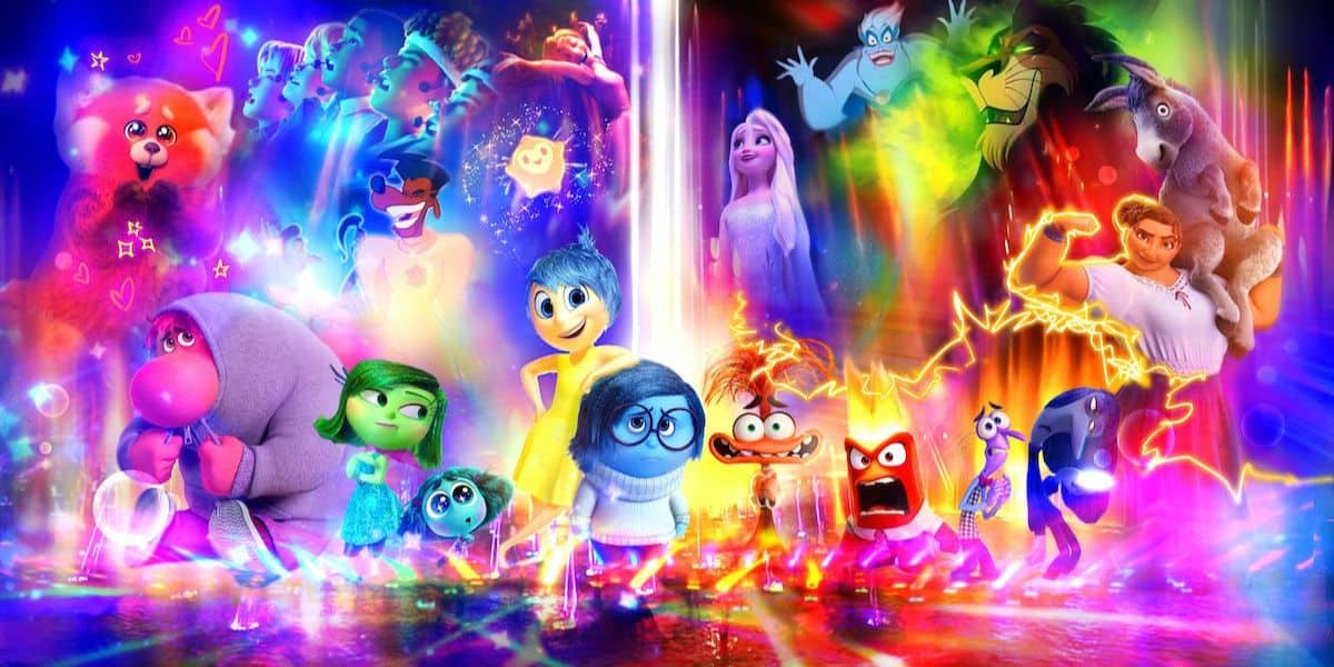 A vibrant collage of animated characters showcasing a mix of emotions and fantasy elements. The scene is filled with colorful lights, featuring joyful, angry, and mysterious figures in a dynamic, glowing setting.