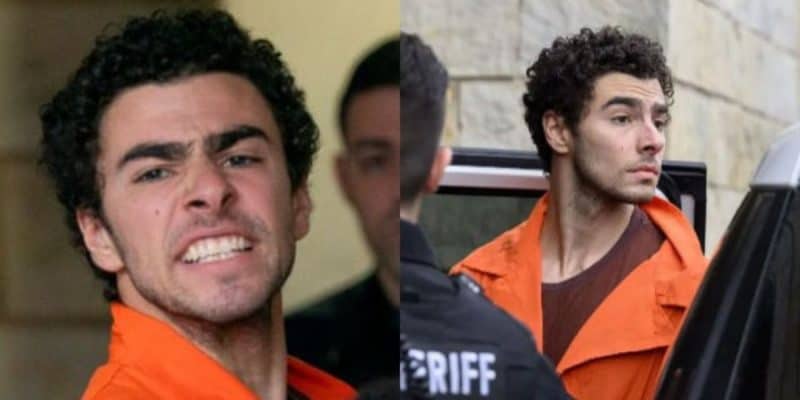 A man with curly hair and a light beard is seen in two photos. On the left, he appears agitated. On the right, he looks sideways in an orange jumpsuit while beside a police officer in uniform.