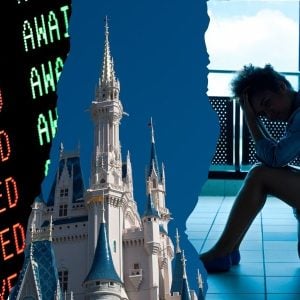 A person sits at an airport, looking distressed, leaning on luggage. One side shows a flight board displaying "DELAYED" multiple times. There is also an image of the Cinderella castle at Disney World travel, suggesting a disrupted trip to a Disney World travel theme park.