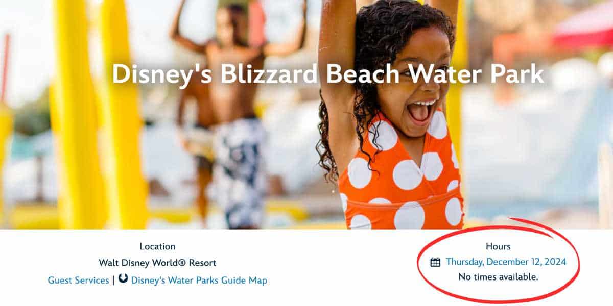 Blizzard Beach landing page featuring closing date on Thursday December 12, 2024