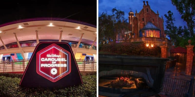 On the left, a neon sign for Walt Disney's Carousel of Progress lights up the night against a futuristic building backdrop. On the right, an illuminated entrance to The Haunted Mansion.