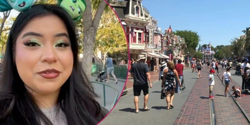 Left: A woman smiles into her phone camera. Right: Main Street, U.S.A., at Disneyland Park in Anaheim, California.