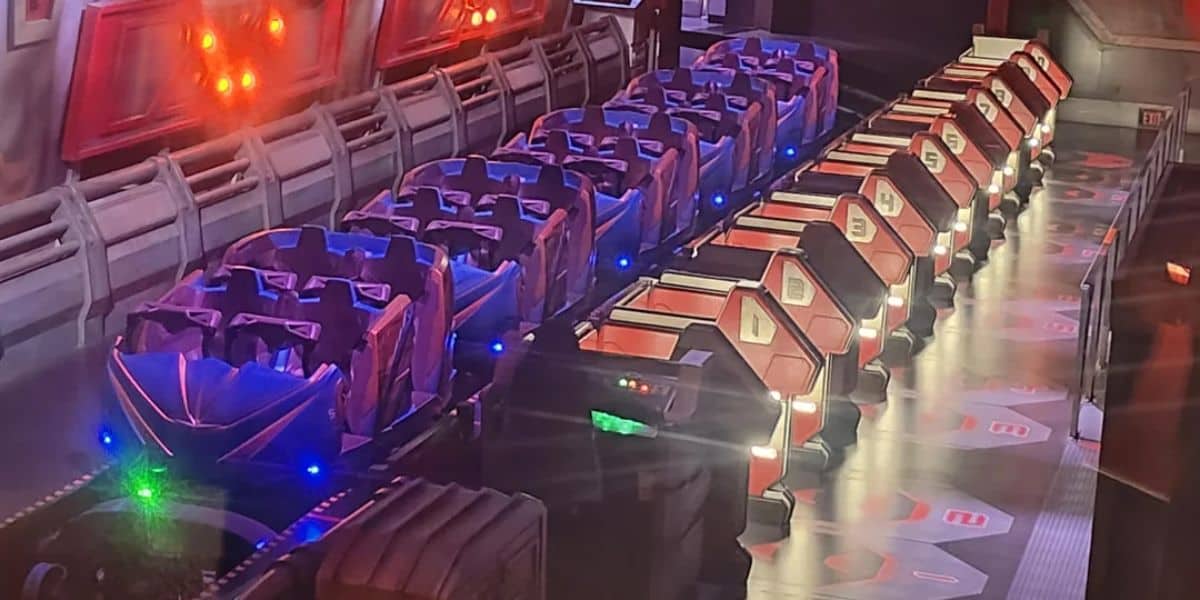 The loading area of Guardians of the Galaxy: Cosmic Rewind at Disney World