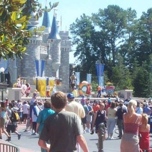 Crowds in front of Cinderella Castle at Magic Kingdom Park, Walt Disney World Resort in Central Florida