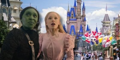 Elphaba and Glinda of 'Wicked' edited in front of Cinderella Castle at Walt Disney World.