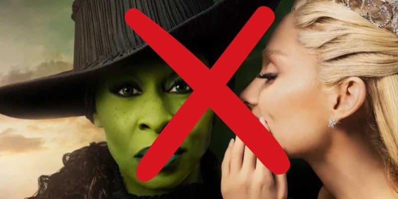 Elphaba (L) and Glinda (R) from Wicked, with a red "X" overlay