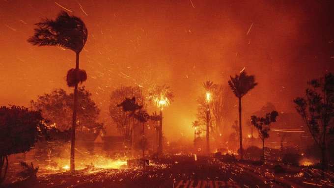 A severe wildfire rages through a landscape dominated by palm trees, turning the sky into a haze of orange flames and thick smoke. As sparks fly in this dramatic scene, concerns over air quality grow, casting doubt on when Universal Studios might safely reopen.