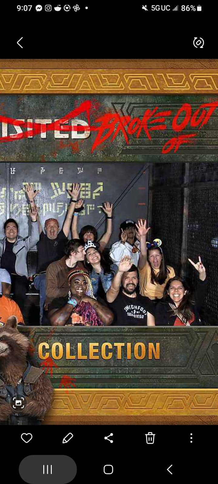 A group of people ride Guardians of the Galaxy Mission Breakout and a man gives the nazi salute