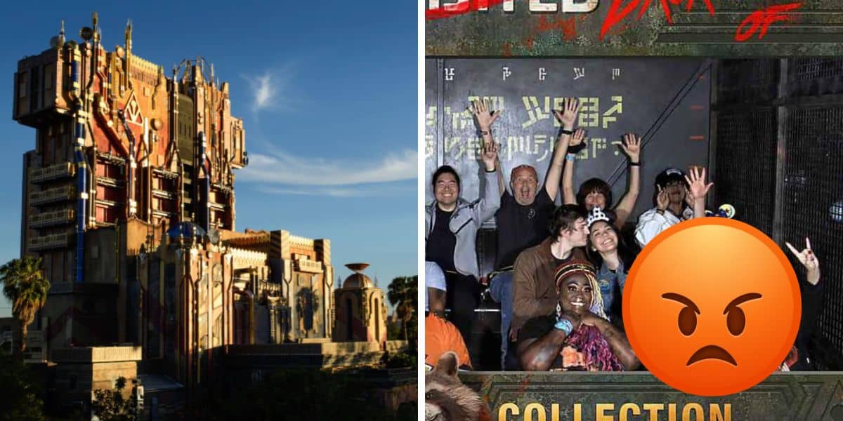 Left: A large, intricately designed Disney tower with architectural details set against a clear blue sky. Right: A group of people, some raising their hands excitedly, ride an indoor attraction. An angry face emoji covers part of the image, hinting at a lifetime ban for misconduct.