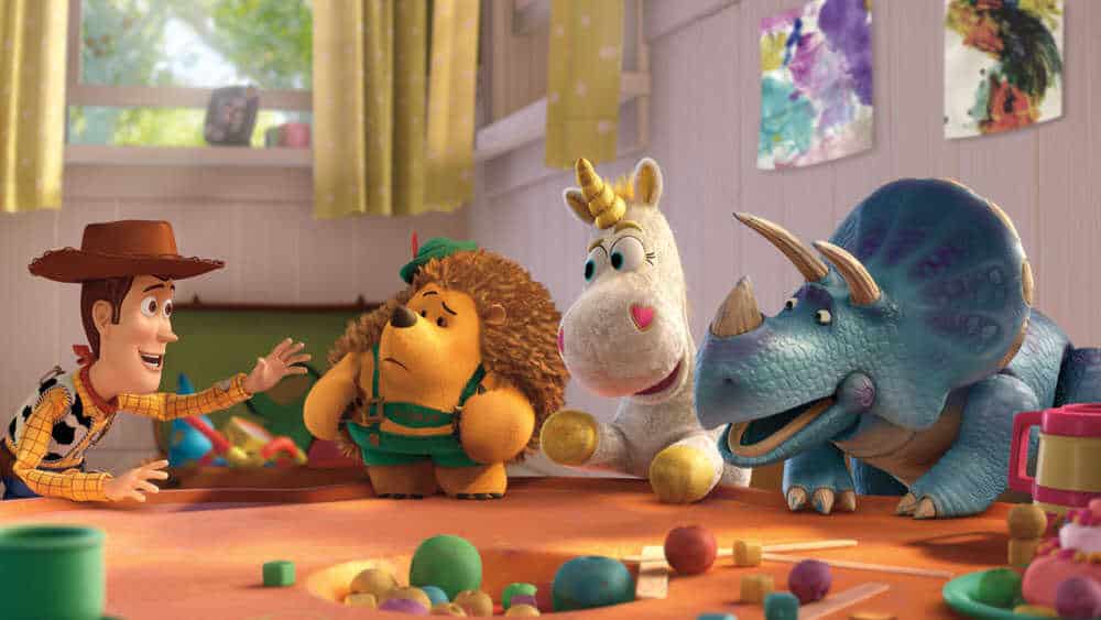 Woody, Mr. Pricklepants, Buttercup, and Trixie in Toy Story 3