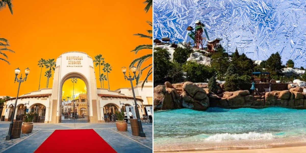 Split image: On the left, Universal Studios Hollywood Resort's entrance with palm trees and a red carpet under an orange sky. On the right, Blizzard Beach at Disney World with icy decorations, slides, and a blue sky.