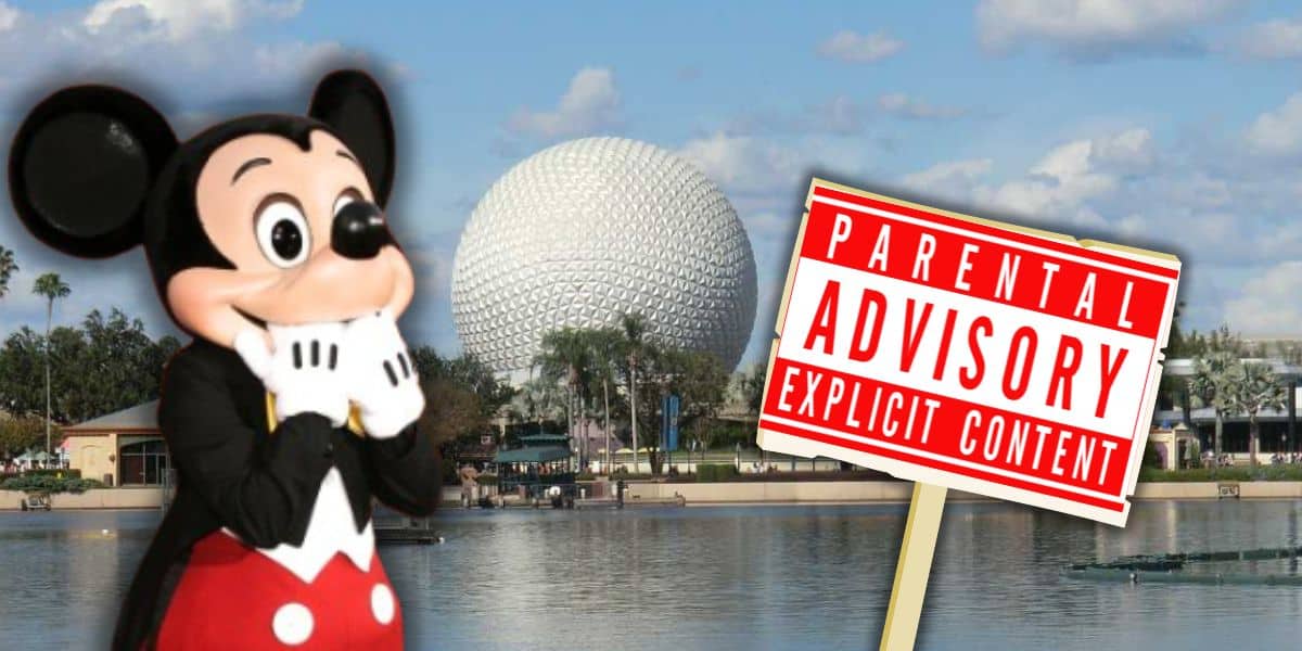 Mickey Mouse stands with a surprised expression in front of EPCOT. Next to it, a "Parental Advisory: Explicit Content" sign is prominently displayed. The background features a clear sky and a lake inside of Disney World.