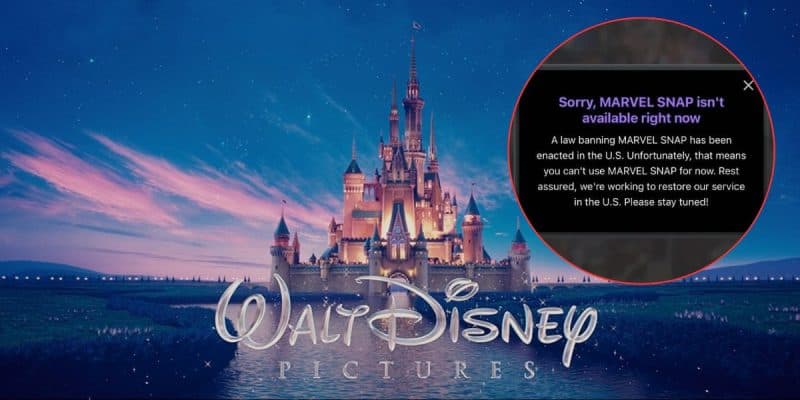 An image shows the iconic Disney castle with a night sky backdrop. In the top right is a red circle highlighting a message box stating, "Sorry, MARVEL SNAP isn't available right now," regarding service restoration in the U.S.