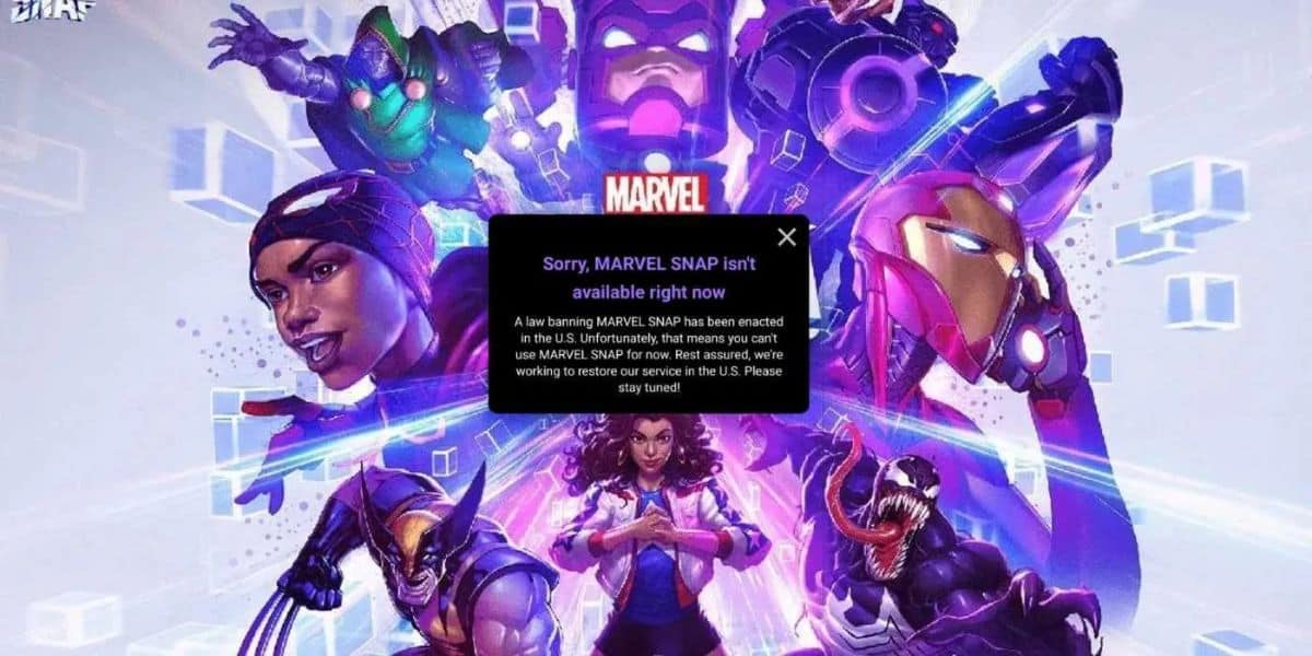 A colorful Marvel-themed digital illustration features various superheroes and villains, including Iron Man and Venom, with a pop-up message in the center. The message states that "Marvel Snap" isn't available in the U.S. due to a law ban.