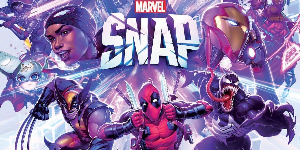 Dynamic comic-style illustration of Marvel superheroes in action poses, including a character in red and black, one with metallic armor, and a creature with a long tongue. The word "Marvel SNAP" is prominently displayed in the center. Marvel Snap logo