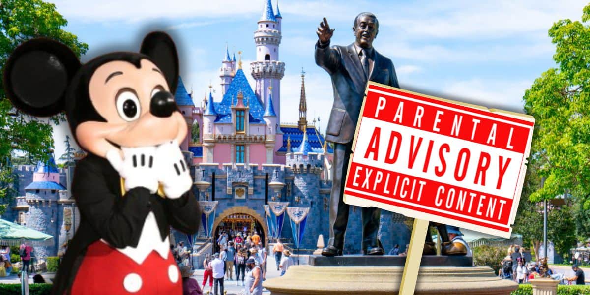 Mickey Mouse stands in front of a Walt Disney statue and the iconic Sleeping Beauty Castle at Disneyland. In the foreground, a "Parental Advisory: Explicit Content" sign adds a surprising twist to the magical scene.
