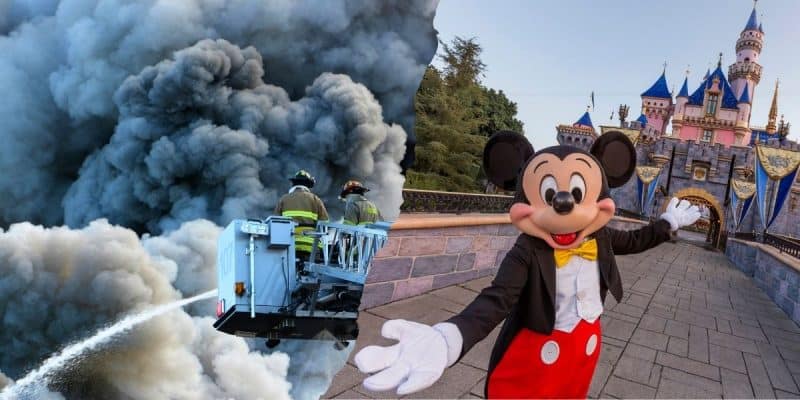 Split image. On the left, firefighters on an aerial platform spray water on a large cloud of smoke, preparing to evacuate nearby residents. On the right, a person in a Mickey Mouse costume stands in front of Disneyland California's pink castle with blue rooftops, arms open wide and smiling at the camera.