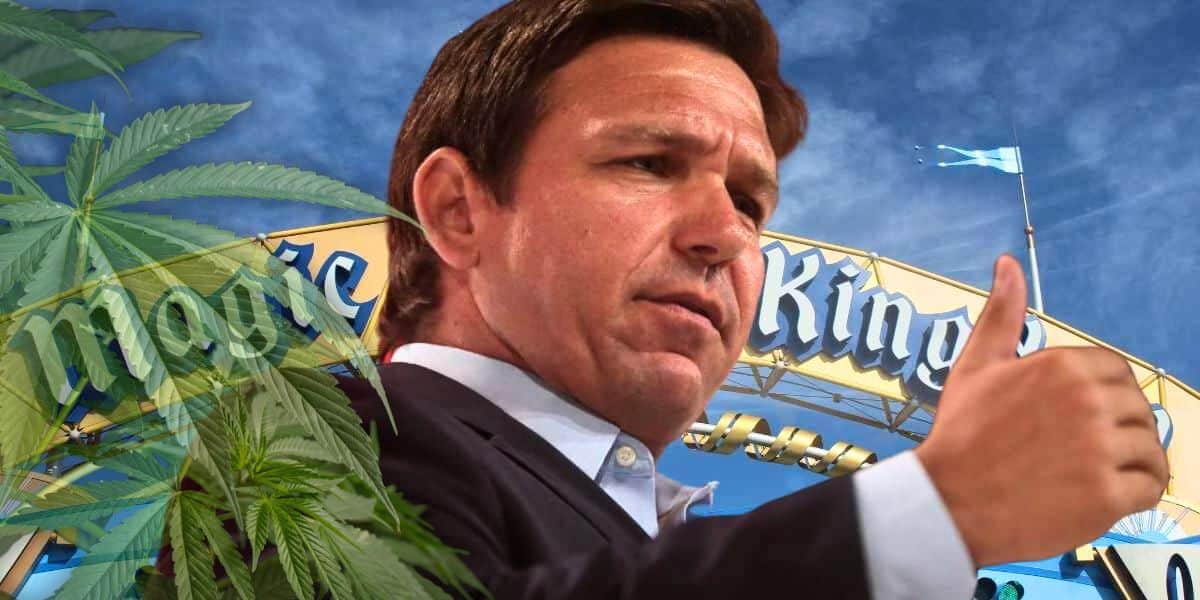 Florida Governor Ron DeSantis gives a thumbs-up gesture in front of a sign reading "Magic Kingdom" against a blue sky. In the foreground, there are illustrated cannabis leaves inside of Disney World.