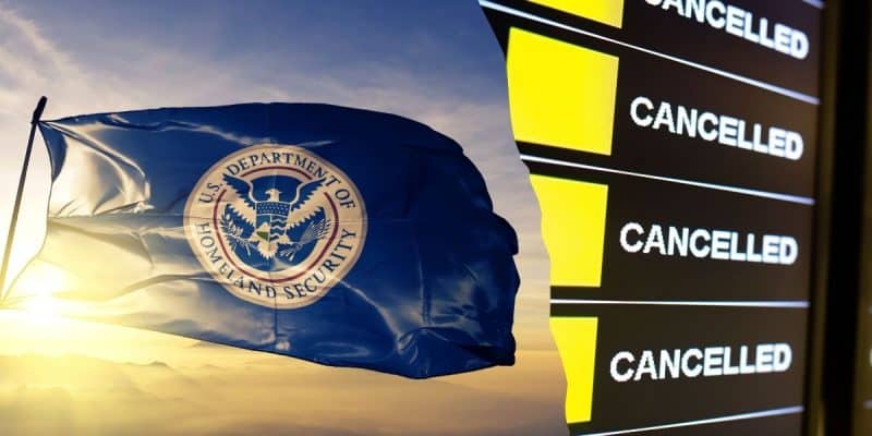 A U.S. Department of Homeland Security flag flies against a sunset sky. Beside it, an airport departure board displays multiple "CANCELLED" notices in yellow and black, highlighting the impact of travel restrictions on Disney and Universal Guests eager to return home.