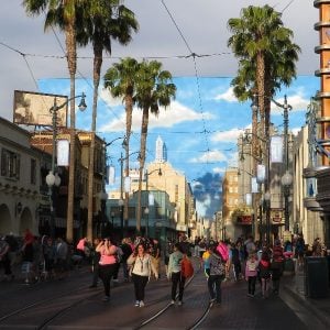 A bustling crowd of guests in Hollywood Land at Disney California Adventure Park at Disneyland.