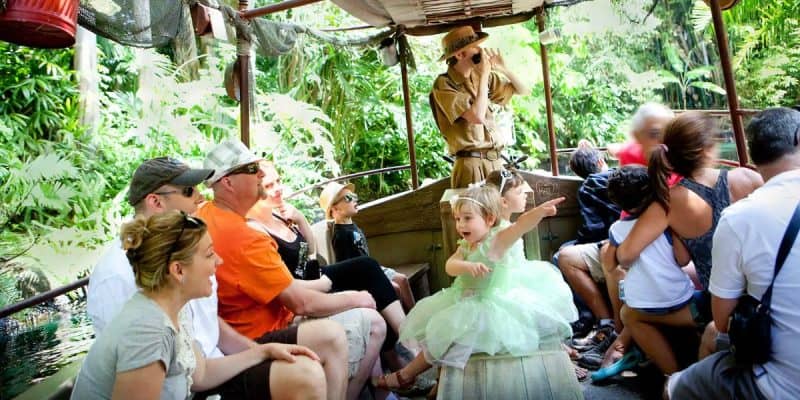 Guests ride Jungle Cruise at Disneyland