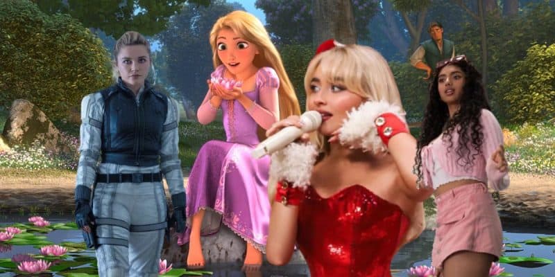 Florence Pugh, Sabrina Carpenter, and Avantika on a screenshot of Rapunzel in 'Tangled'