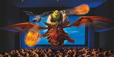 Shrek flies over the audience with Donkey on the back of Dragon