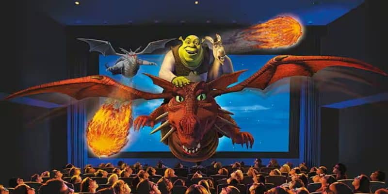 Shrek flies over the audience with Donkey on the back of Dragon